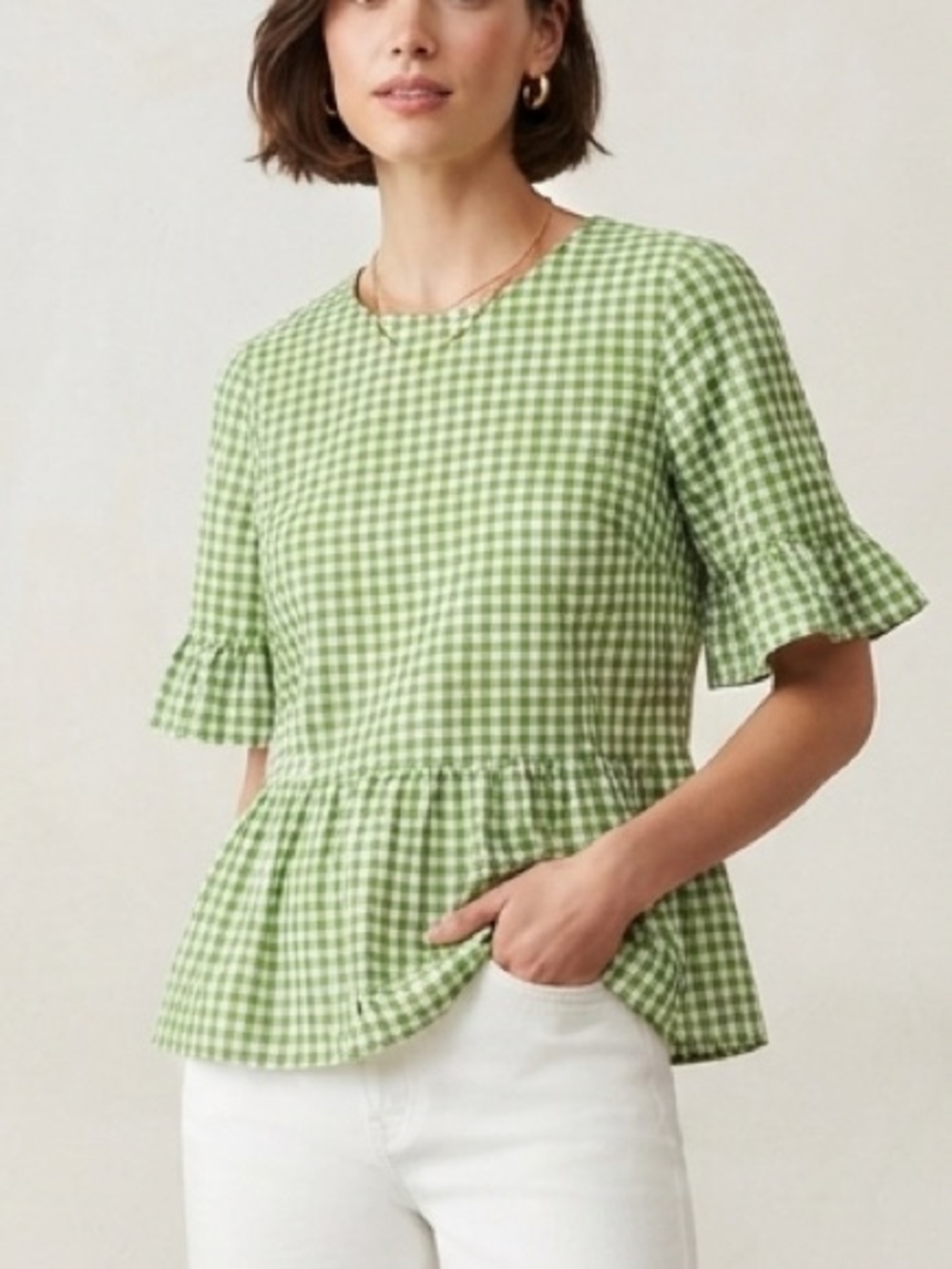 La Roque Green Gingham Cotton Peplum Top